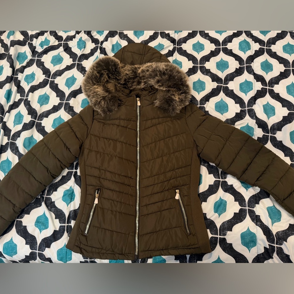 YMI Olive Green puffer Jacket with Fur Trim removable hood